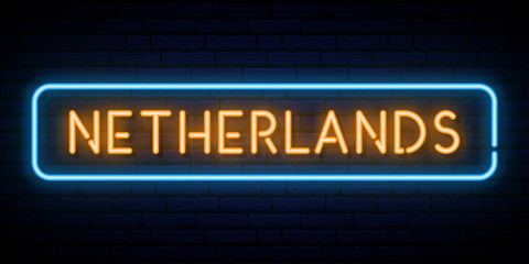 Fototapeta na wymiar Netherlands neon sign. Bright light signboard. Vector banner.
