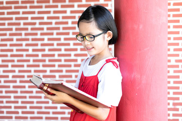 happy child little girl with glasses reading a books