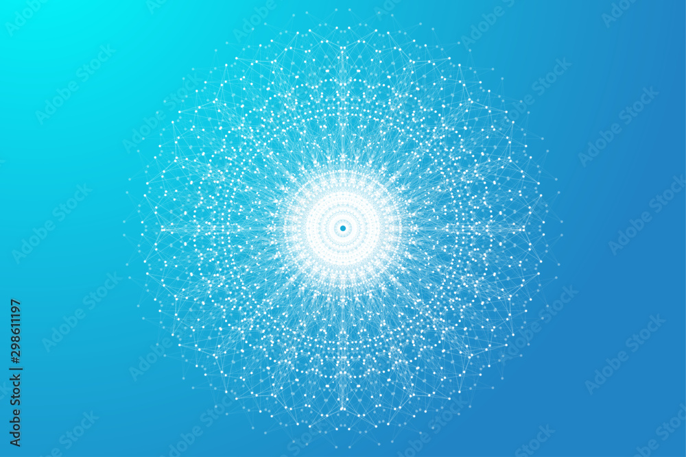 Poster Big data visualization. Geometric abstract background visual information complexity. Futuristic infographics design. Technology background with connected line and dots, wave flow. Vector illustration