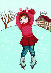 A girl skater, dressed in a pink sweater and hat and red skirt, skates on an ice rink, raising both hands up, against the backdrop of a winter landscape consisting of a house and a tree