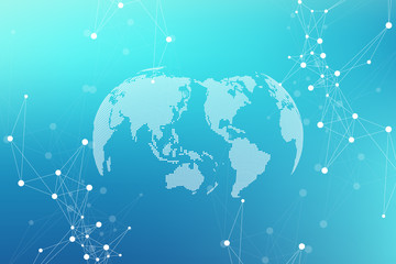 Geometric abstract background with connected line and dots. Network and connection background for your presentation. Graphic polygonal background. Wave flow. Scientific vector illustration.