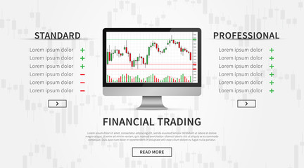 Fototapeta na wymiar Desktop with forex trade chart vector illustration. Web banner for online trading creative concept. Computer interface with candlestick chart graphic design.