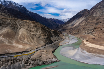 Confluence of Indus river (right) and Zanskar river (left) in Nimmu, Ladakh, Jammu and Kashmir,...