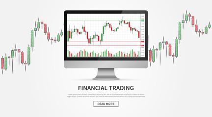 Obraz premium Desktop with forex trade chart vector illustration. Financial graph for online trading creative concept. Computer interface with candlestick chart graphic design.