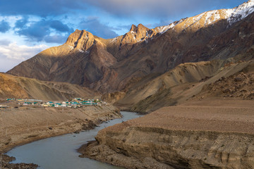 Fototapeta na wymiar Mountain and river view landscape before sunset on the way to Sham Valley, Ladakh, India