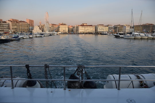 Marseille's "Old Port" (“Vieux-Port” in french) photographed from a boat in the evening