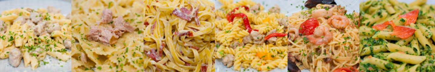 Collage italian pasta with cheese, tuna, meat and sausage, tomato sauce, red fish or salmon,...
