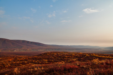 Obraz premium Morning foggy landscape in fall time Alaska