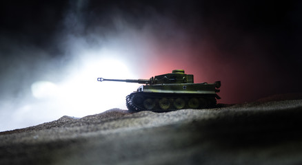 War Concept. Military silhouettes fighting scene on war fog sky background, Silhouette of armored...