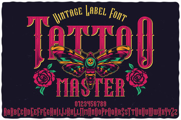 Hand drawn tyleface named Tattoo Master. Hand drawn illustration of butterfly and roses. - 298613990