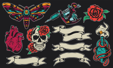 Set of tattoo design elements - skull, roses, butterfly, tattoo machine, ribbons, heart and elexir