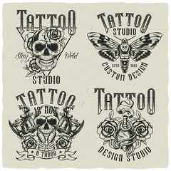 Obraz premium Set of tattoo label designs. Monochrome illustrations with text composition.