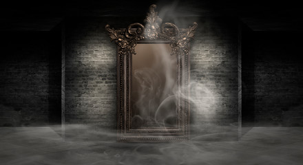 Dark room, a magical antique mirror. Night view of the room, fantasy. Dark abstract background with...