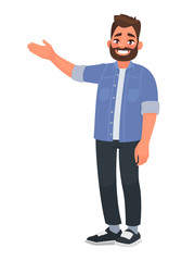 Happy man points to something. Character for advertisement. Guy shows a direction with a hand