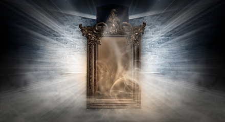 Dark room, a magical antique mirror. Night view of the room, fantasy. Dark abstract background with a mirror. Neon light, smoke, smog, magic dust.