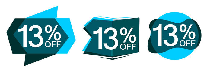 Set Sale 13% off bubble banners, discount tags design template, vector illustration
