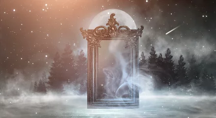 Foto op Plexiglas Donker fantasielandschap. Donker bos, magische spiegel. Donker tafereel van een nachtlandschap met een gespleten glas. Nachtzicht, rook, smog, neonlicht, maan. © MiaStendal