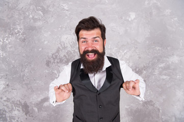 Hava nagila. Lets rejoice and be happy. Happy jewish israeli man. Bearded man dance jewish folk melody on abstract wall. Jewish celebrations. Music for jewish holidays