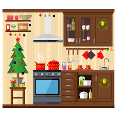 Christmas kitchen interior, cooking delicious food to celebrate Christmas and new year. Winter holidays, vector illustration.