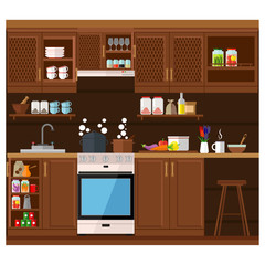Kitchen with a set of furniture. The cozy interior of the room with a stove, wardrobe and utensils. Flat style vector illustration.
