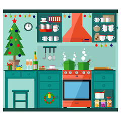 Christmas kitchen interior, cooking delicious food to celebrate Christmas and new year. Winter holidays, vector illustration.