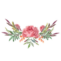 watercolor flowers. floral illustration, Leaf and buds.  Botanic composition for wedding or greeting card. branch of flowers  - abstraction pink roses