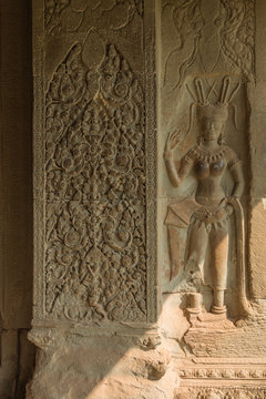Detail of stone carvings in angkor wat,cambodia, Apsara an old Khmer art