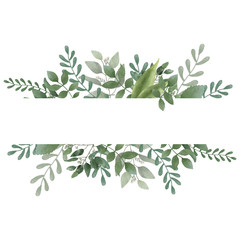 Botanic Card, Watercolor invitation design with herbs and leaves.  Hand painted floral background. Template. green Frame. drawing nature