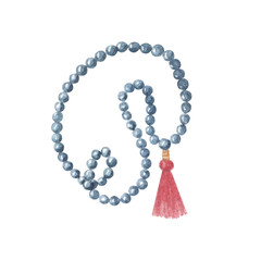 Beads Mala for meditation. Watercolor hand drawn stone prayer beads  in black and red color isolated on white background