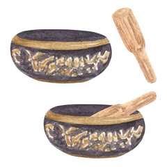 Tibetan singing bowl. Watercolor hand painted set with elements for meditation and relaxation isolated on white background