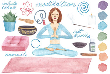 Meditation space set. Watercolor hand drawn Yoga elements and meditating woman isolated on white background
