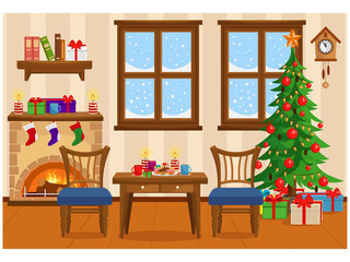 Vector illustration of Christmas living room with Christmas tree, gifts, table with treats and snow-covered window.