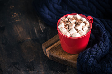 Hot winter or autumn drink. Hot chocolate or cocoa, marshmallow and knit sweater. Christmas, winter concept. Close up.