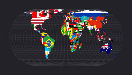 Map with flagsofallcountries of the world. Herbert Hufnage's pseudocylindrical equal-area projection. Map of the world with meridians on dark background. Vector illustration.