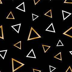 Luxury elegant seamless pattern with gold and white outline triangles on the black background. Usable for poster, banner, card, wrapping paper, textile, cloth, packaging. Vector illustration