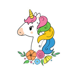 The cute magic Unicorn and flower elements collection. vector illustration.