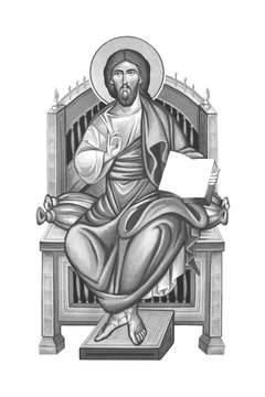 Jesus king sitting. Sketch illustration in Byzantine style