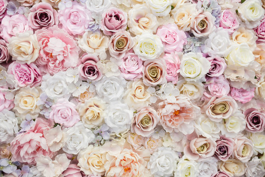 Pared hecha con rosas de diferentes tonos de color