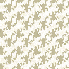 Vector Green Gold Frogs on White Swirls Background Seamless Repeat pattern. Background for textiles, cards, manufacturing, wallpapers, print, gift wrap and scrapbooking.
