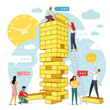 Vector flat illustration big tower jenga with group of young development specialists