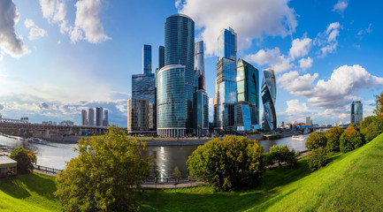 Fototapeta premium Moscow. Russia. Panorama of the capital of the Russian Federation. Moskva-city. Business centre. Skyscrapers near the Moscow river. Summer day in Moscow.High-rise buildings on the background of clouds