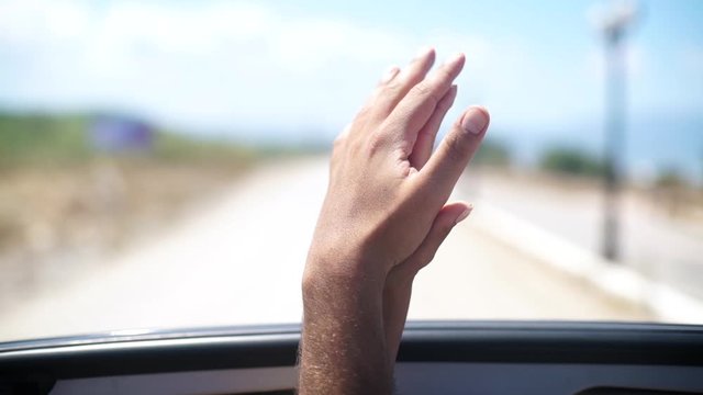Inspirational Shot Of Loving Couple In Car Drive Highway.hands Touch Close Up.