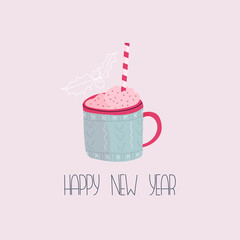 Cute mug with hot chocolate. Happy New Year. Vector illustration. Eps 10.