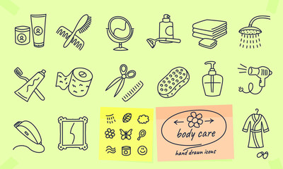 Beauty products body care doodles drawings icons. Full vector illustrations with editable strokes.