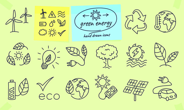 Green energy environmental symbols in drawing, doodle style. Concept of solar, water, wind, power, recycle, eco, nature. Vector illustration with editable strokes.