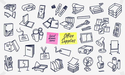 Office supplies hand drawn icons, doodles, sketches. Full vector illustrations with editable strokes.