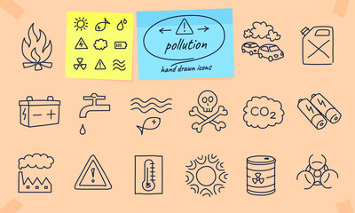 Pollution and climate change hand drawn icons. Full vector illustration with editable strokes.