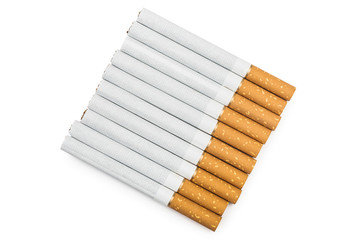 Ten tobacco cigarettes in a row isolated on white background