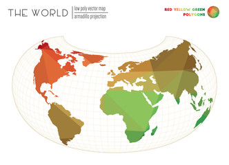 Abstract geometric world map. Armadillo projection of the world. Red Yellow Green colored polygons. Neat vector illustration.
