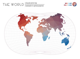 World map with vibrant triangles. Laskowski tri-optimal projection of the world. Red Blue colored polygons. Stylish vector illustration.